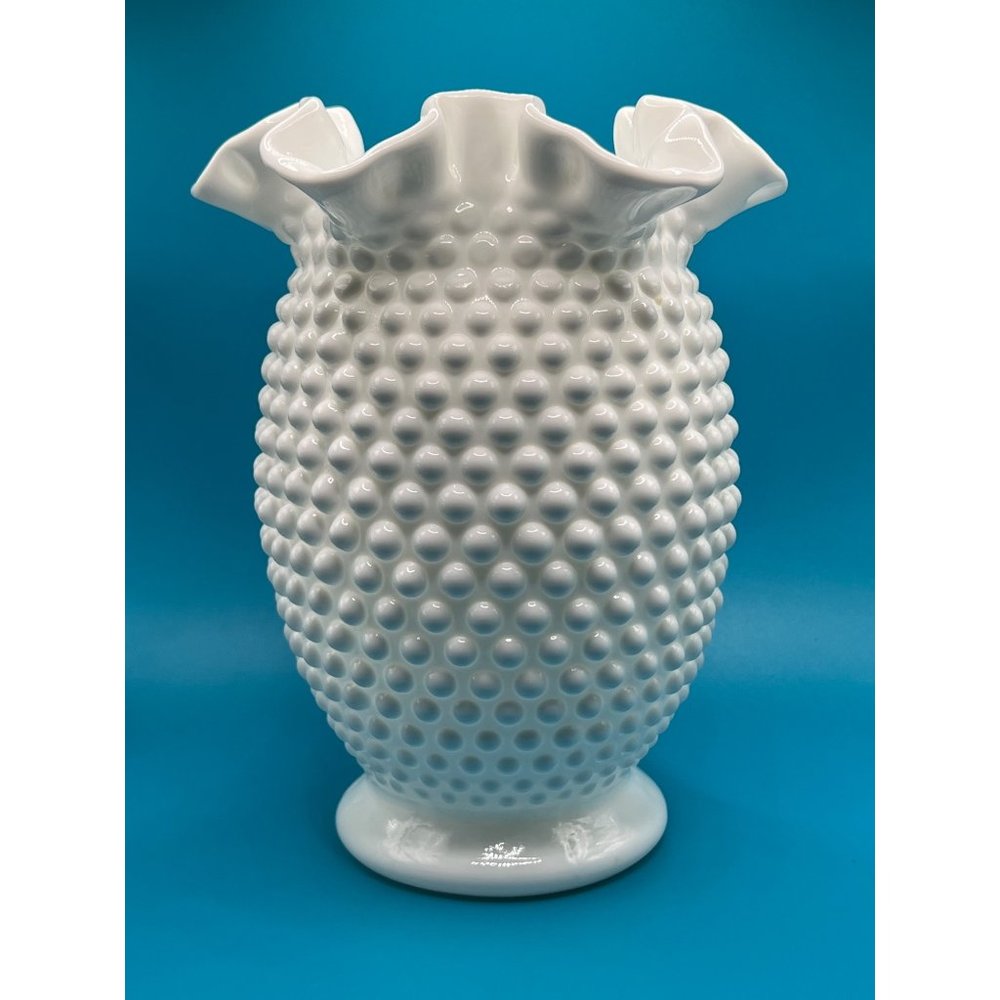 Vintage Fenton White Hobnail Milk Glass Double Crimped Vase 8" tall - Picture 4 of 5